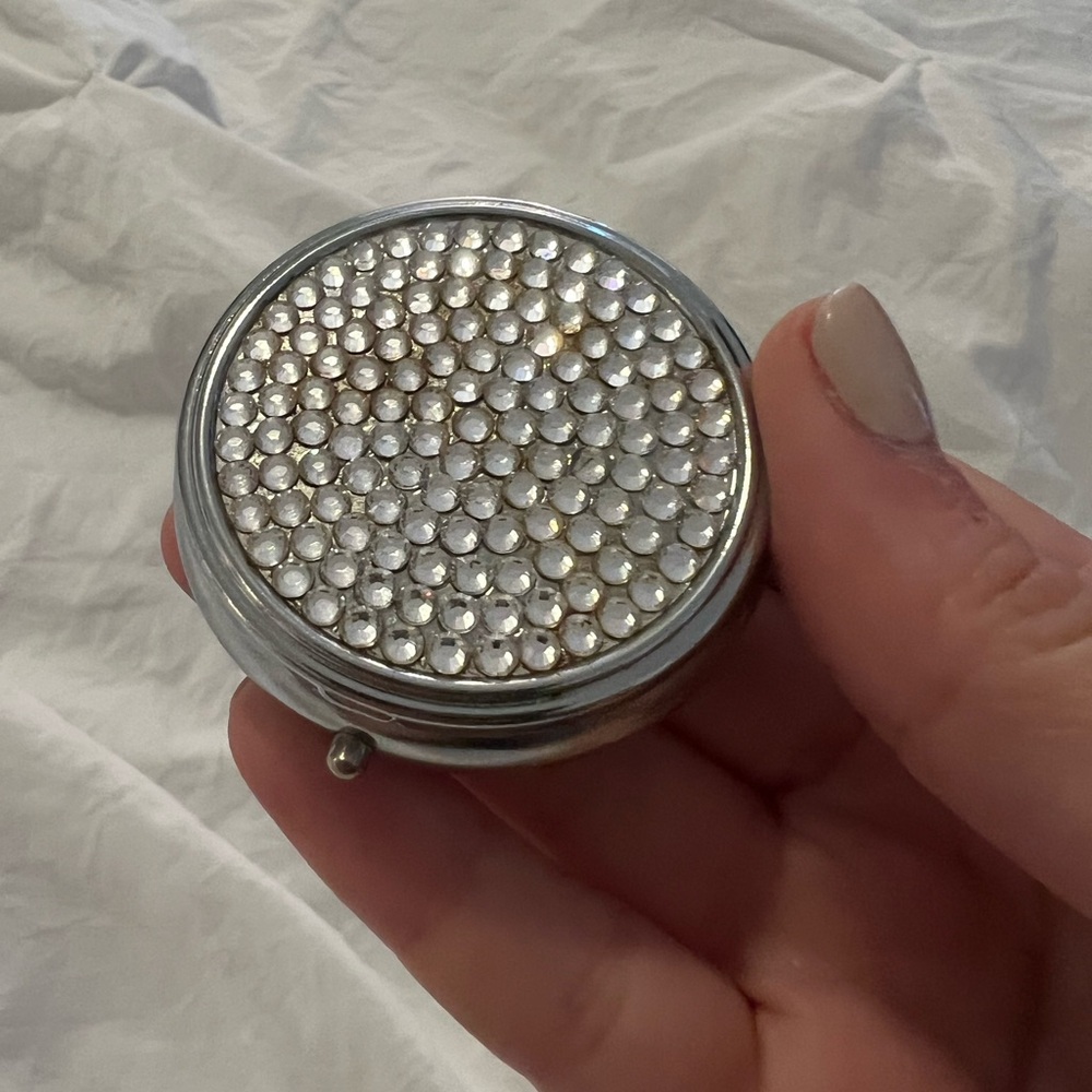 Silver Rhinestone Travel Pill Case with Compact Mirror